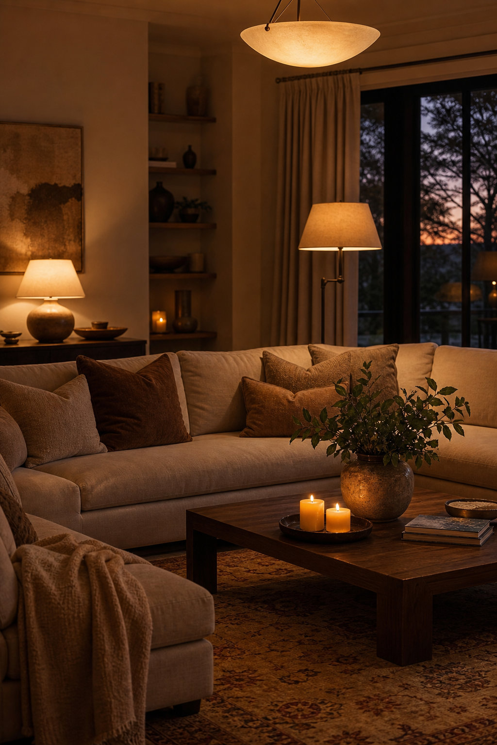 Layered aesthetic room lighting with lamps and warm candle glow