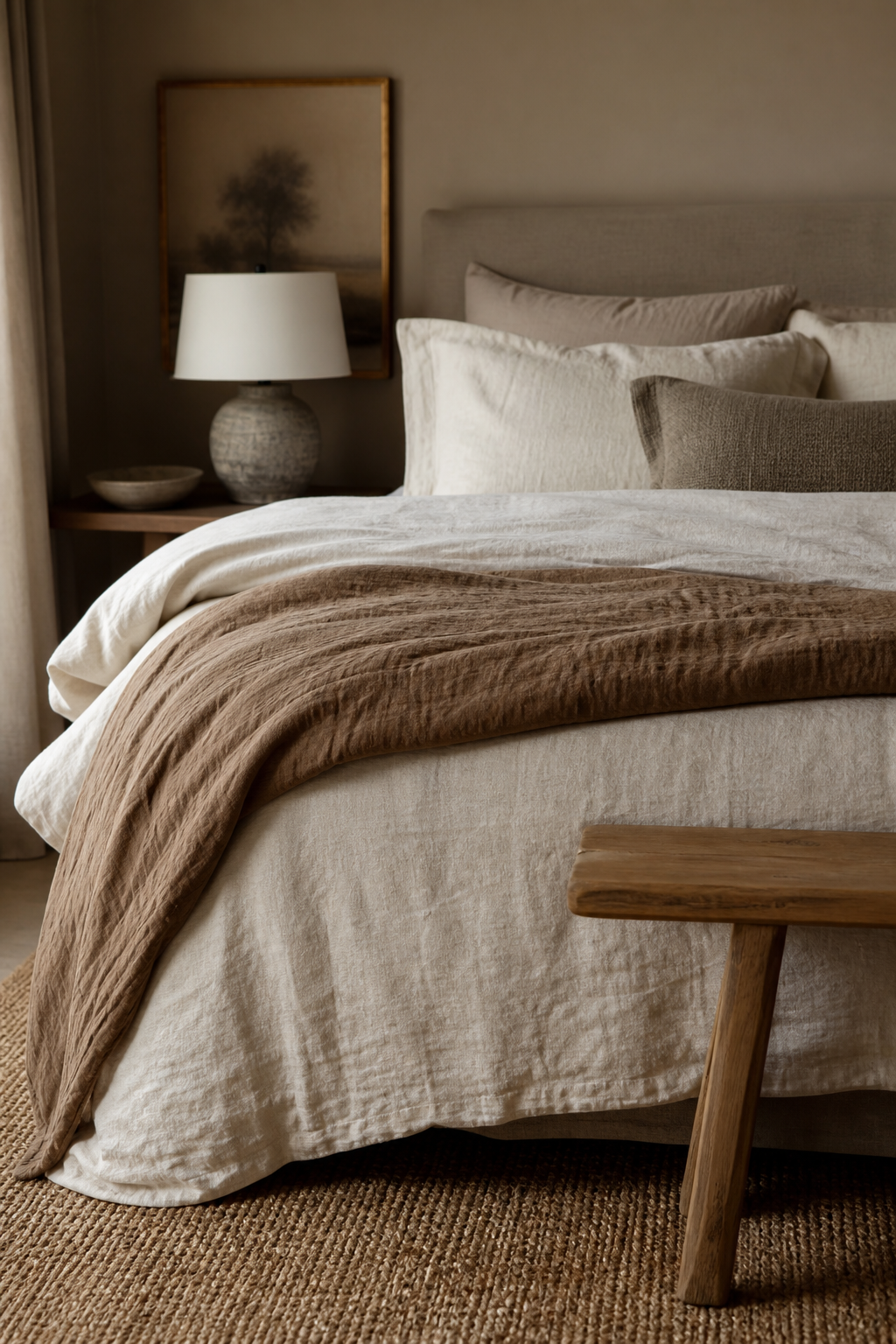 Earthy bedroom bed with layered oatmeal, ivory, clay, and taupe linen bedding