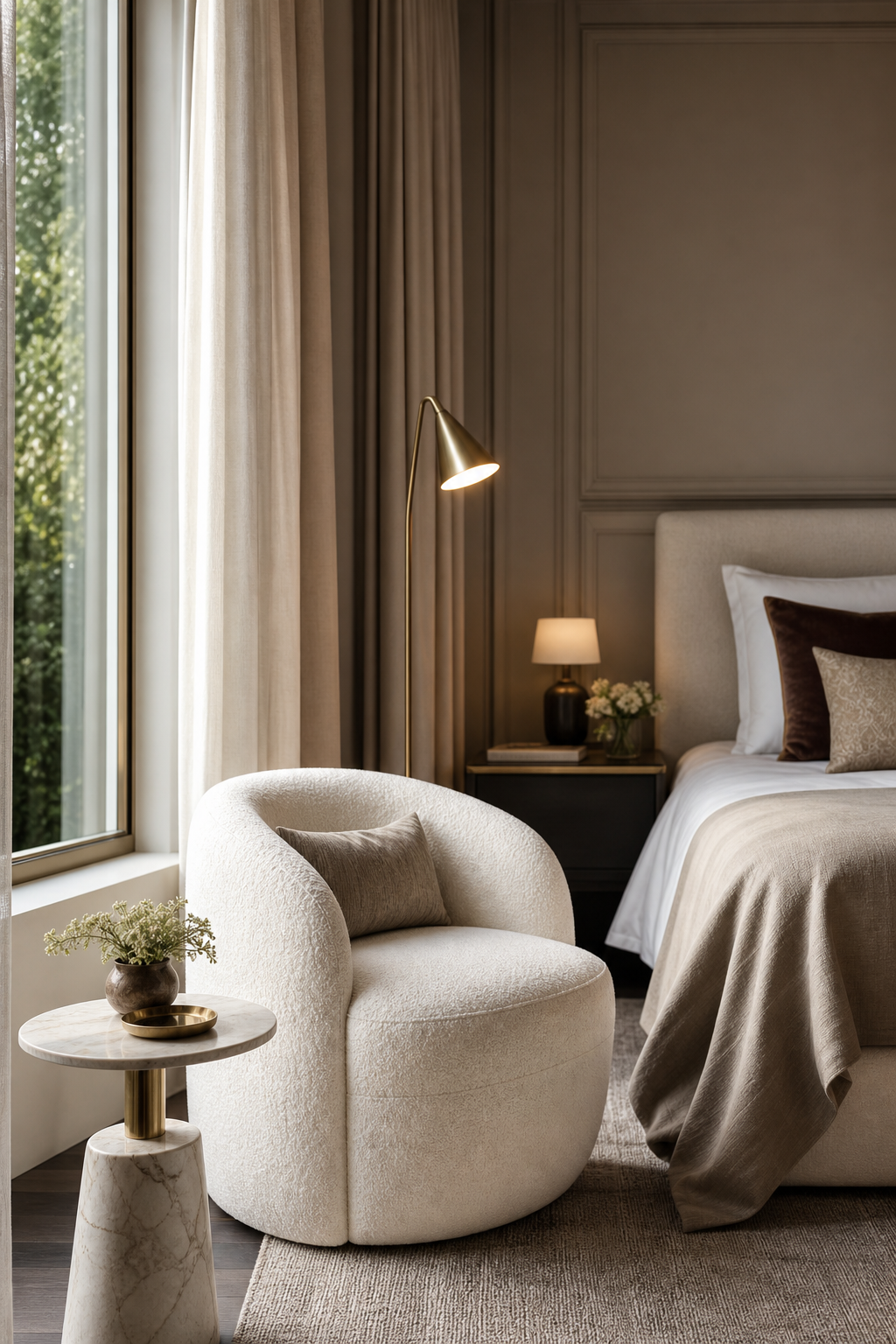 Elegant bedroom with a boucle reading chair by the window, marble side table, floor lamp, and soft layered bedding