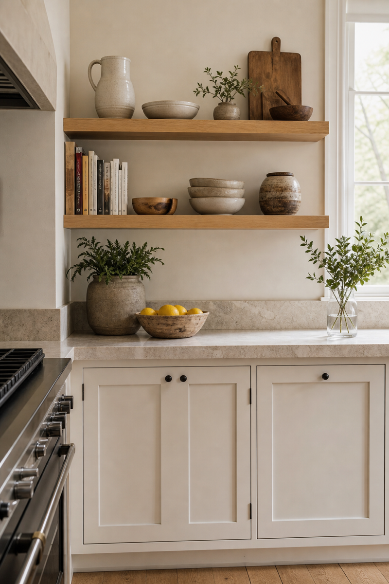 Kitchen with closed storage and edited open shelves for warm display