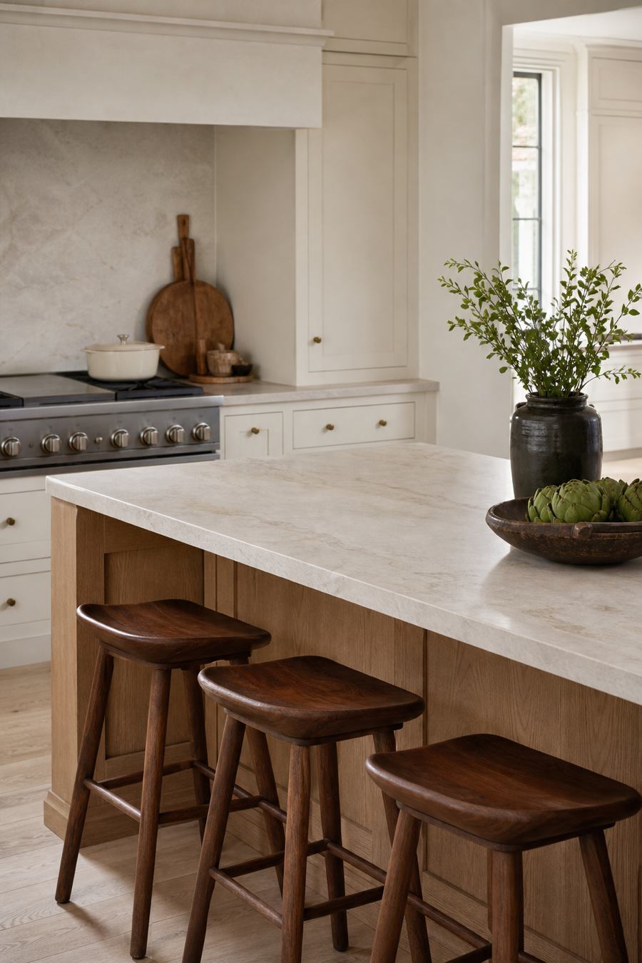 Kitchen with honed stone counters balanced by natural oak island
