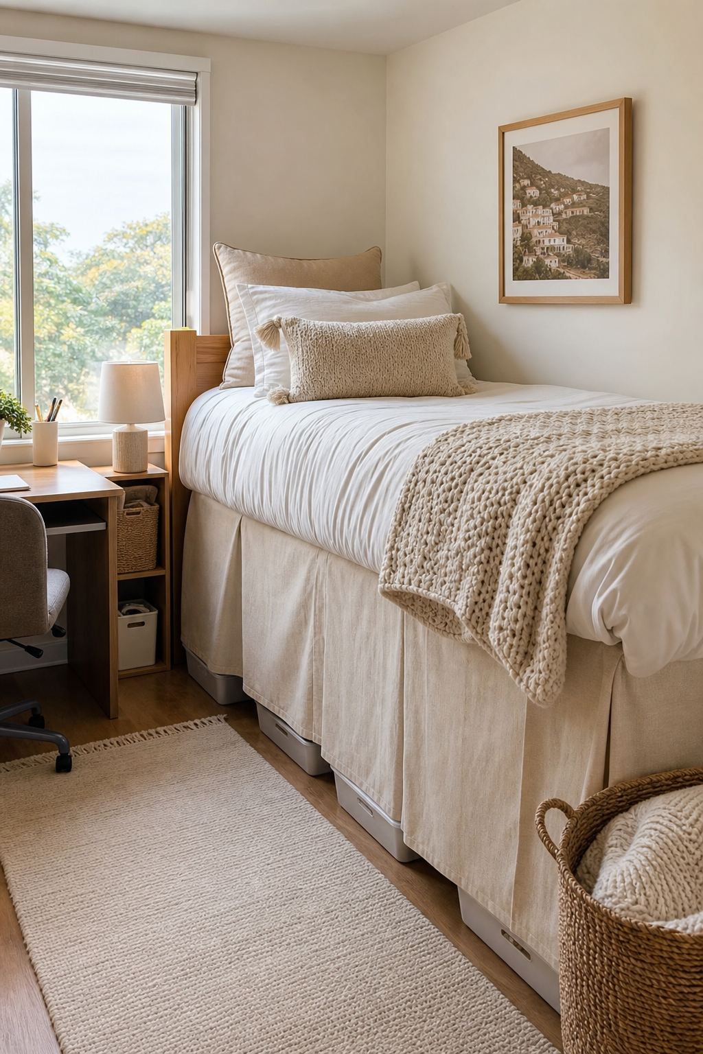 Dorm bed with oatmeal bed skirt concealing under-bed storage