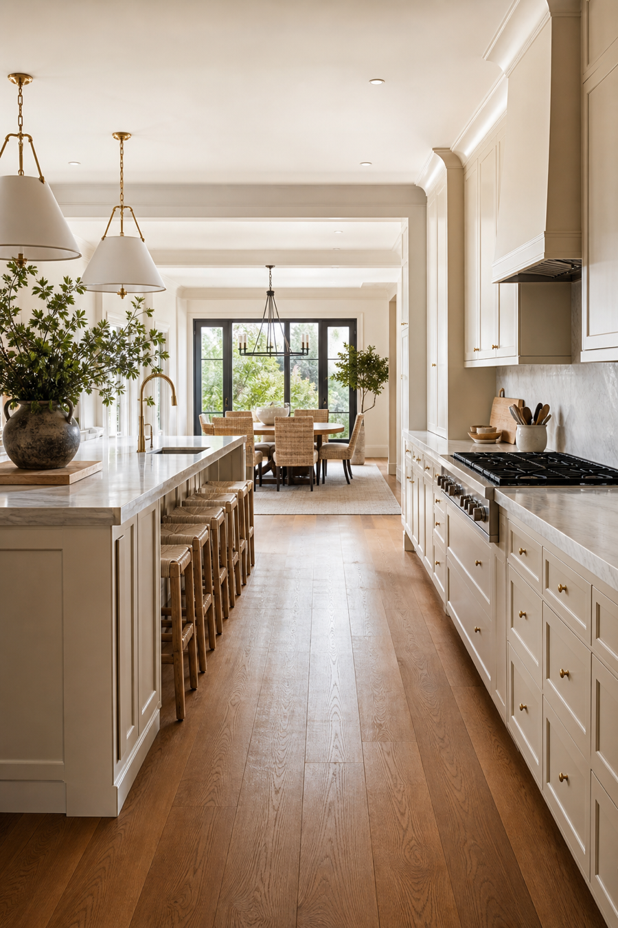 Open kitchen layout with clear walkways around island and dining area