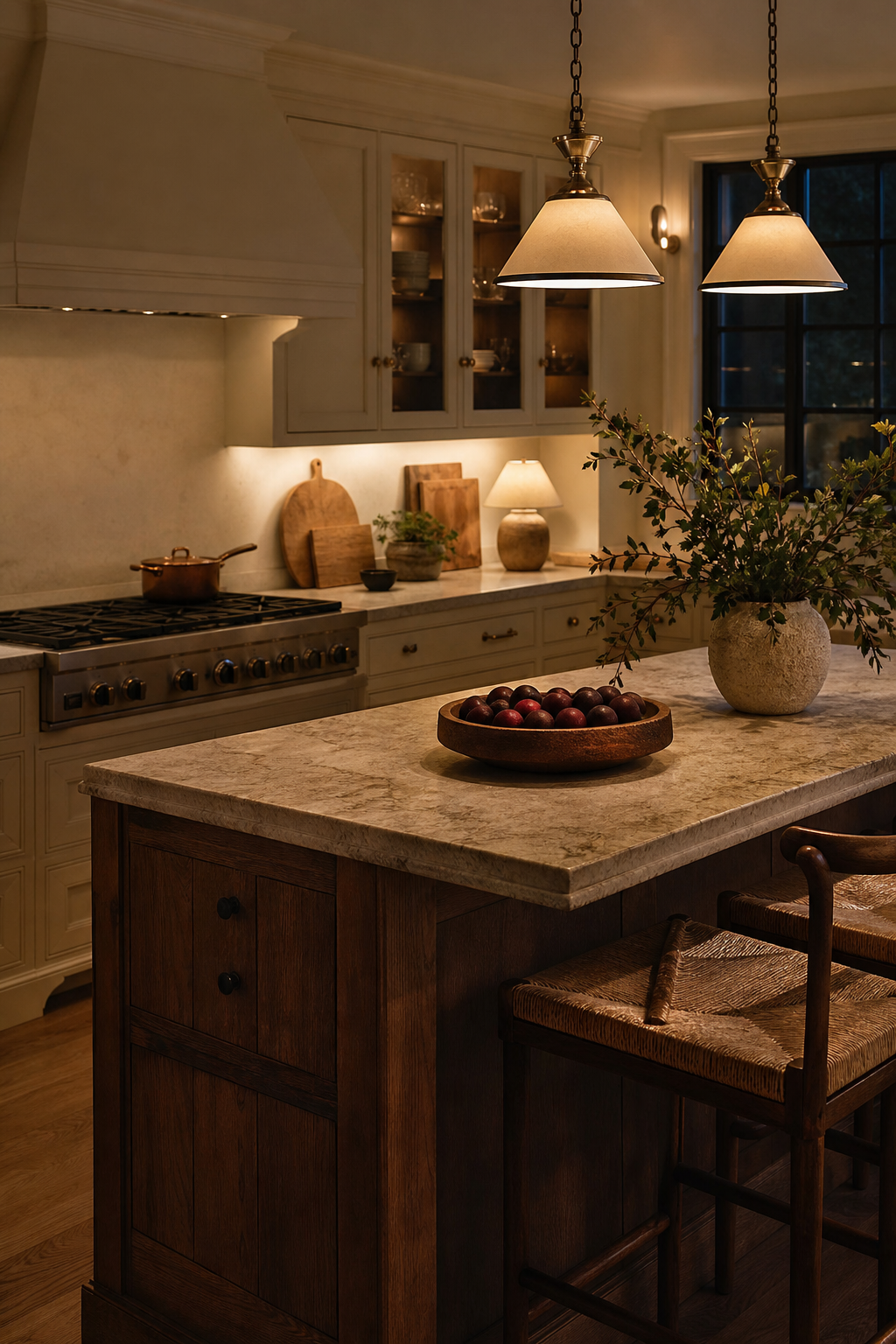 Cozy kitchen with layered pendants, under-cabinet lights, and counter lamp
