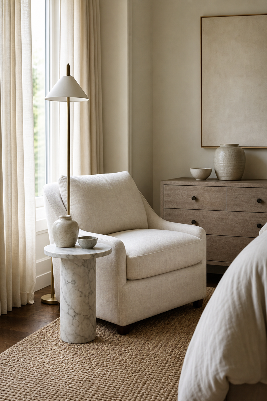 Elegant reading chair with side table and lamp in a bedroom corner