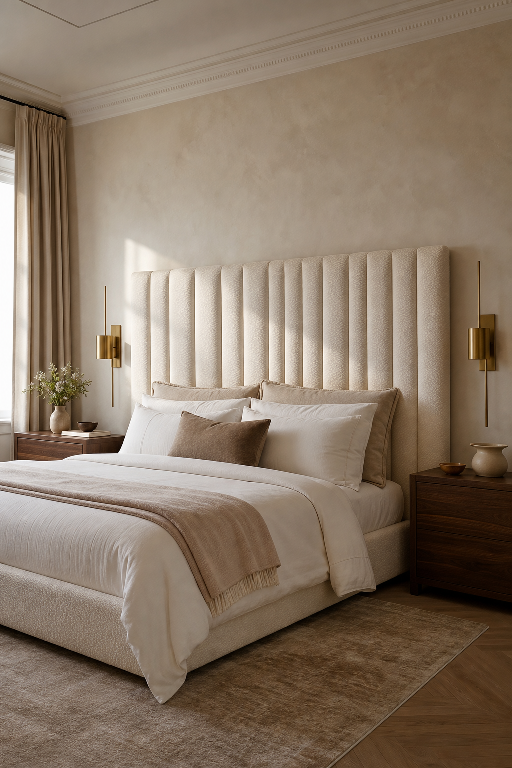Cream channel tufted headboard anchoring a cozy stylish bedroom