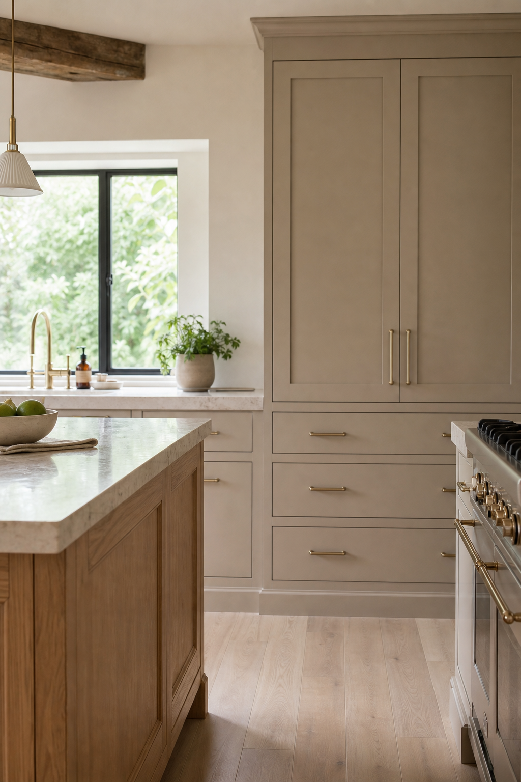 Simple kitchen with slim shaker cabinet doors, warm paint, brass pulls, and stone counters