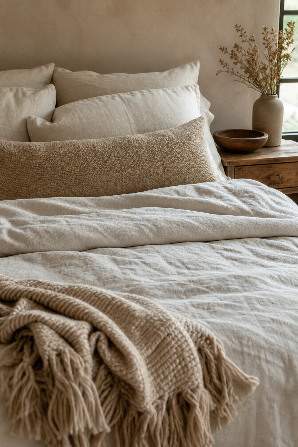 Layered linen boho bedding with woven fringed throw