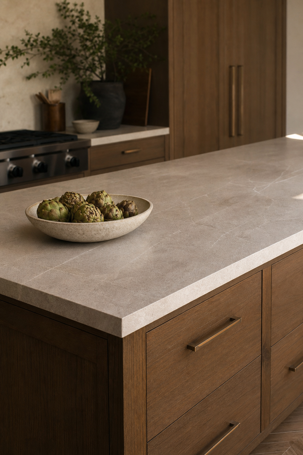 Durable honed stone countertop on a warm kitchen island