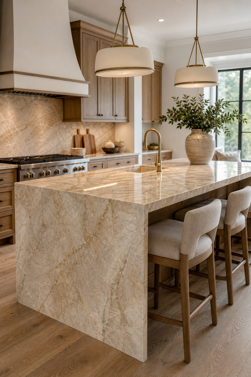 Modern kitchen with warm quartzite island, walnut base, and brass pendant lights