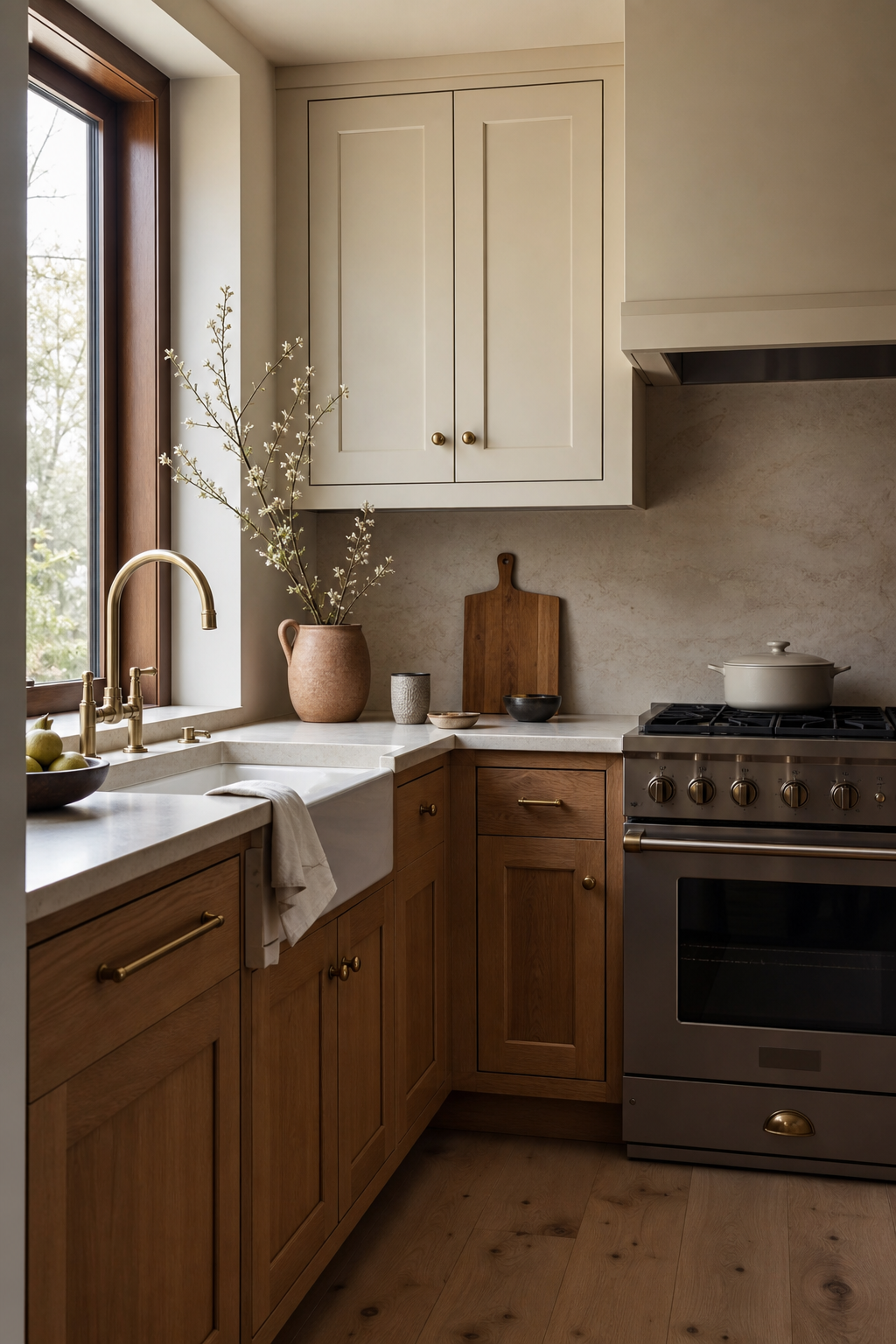 Small two-tone kitchen with oak lower cabinets and cream uppers