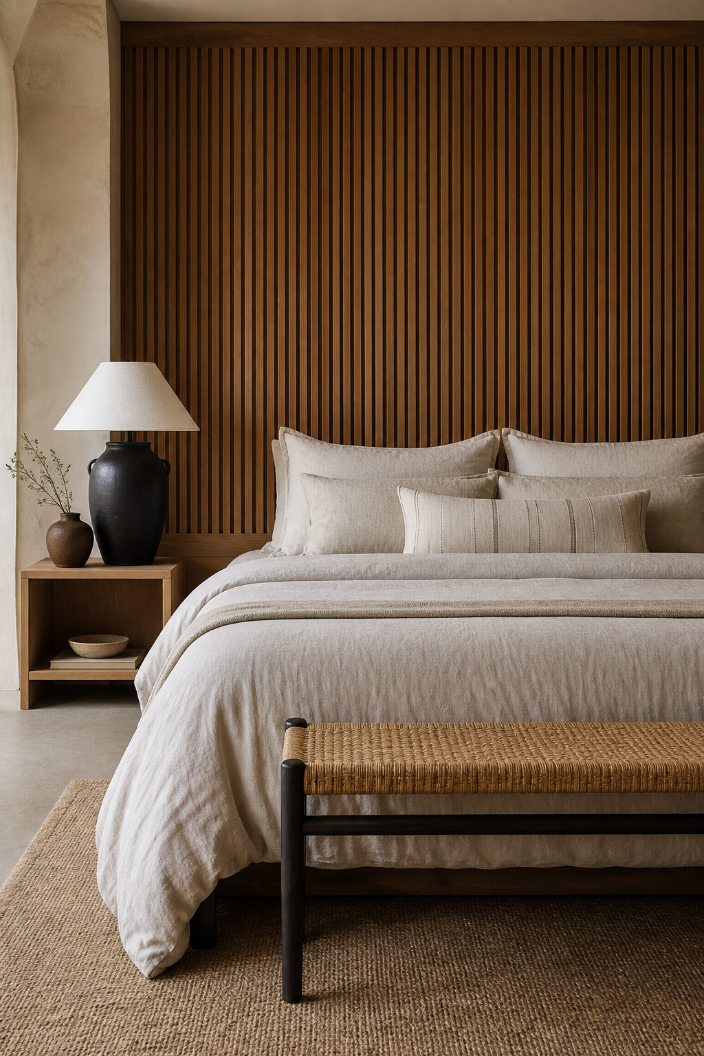 Japandi bedroom with add a Slatted Wood Headboard Wall