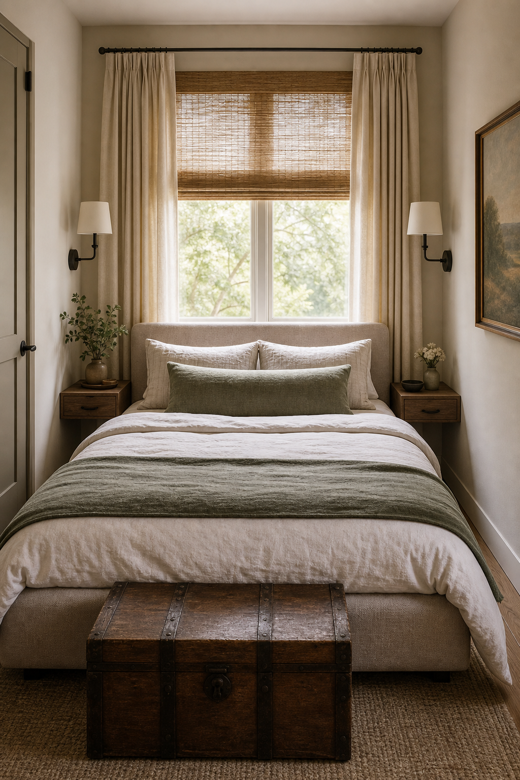Small bedroom with low bed placed under a window, roman shade, sconces, and storage trunk