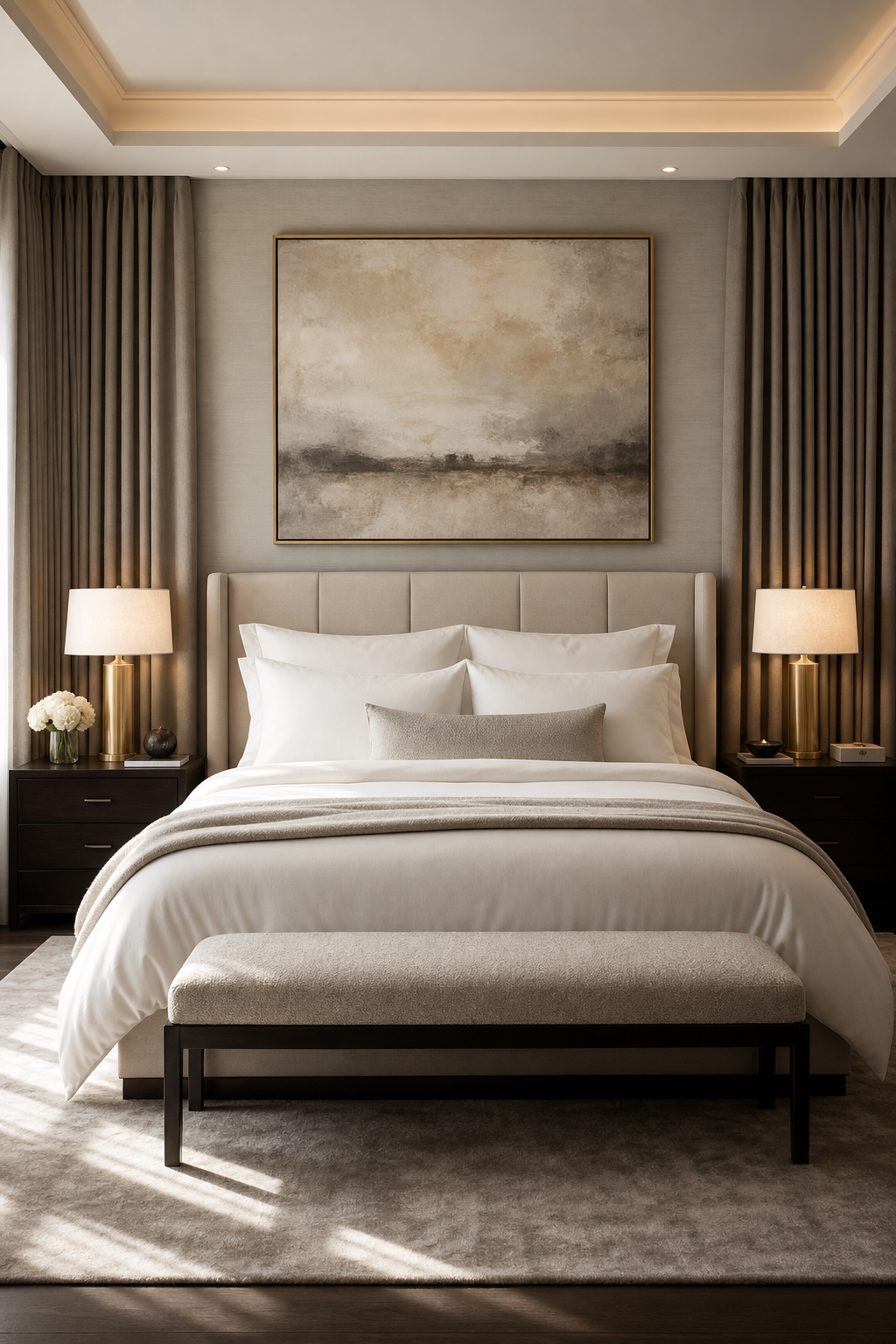 Quiet luxury bedroom with tailored bedding, greige drapery, and brass lamps