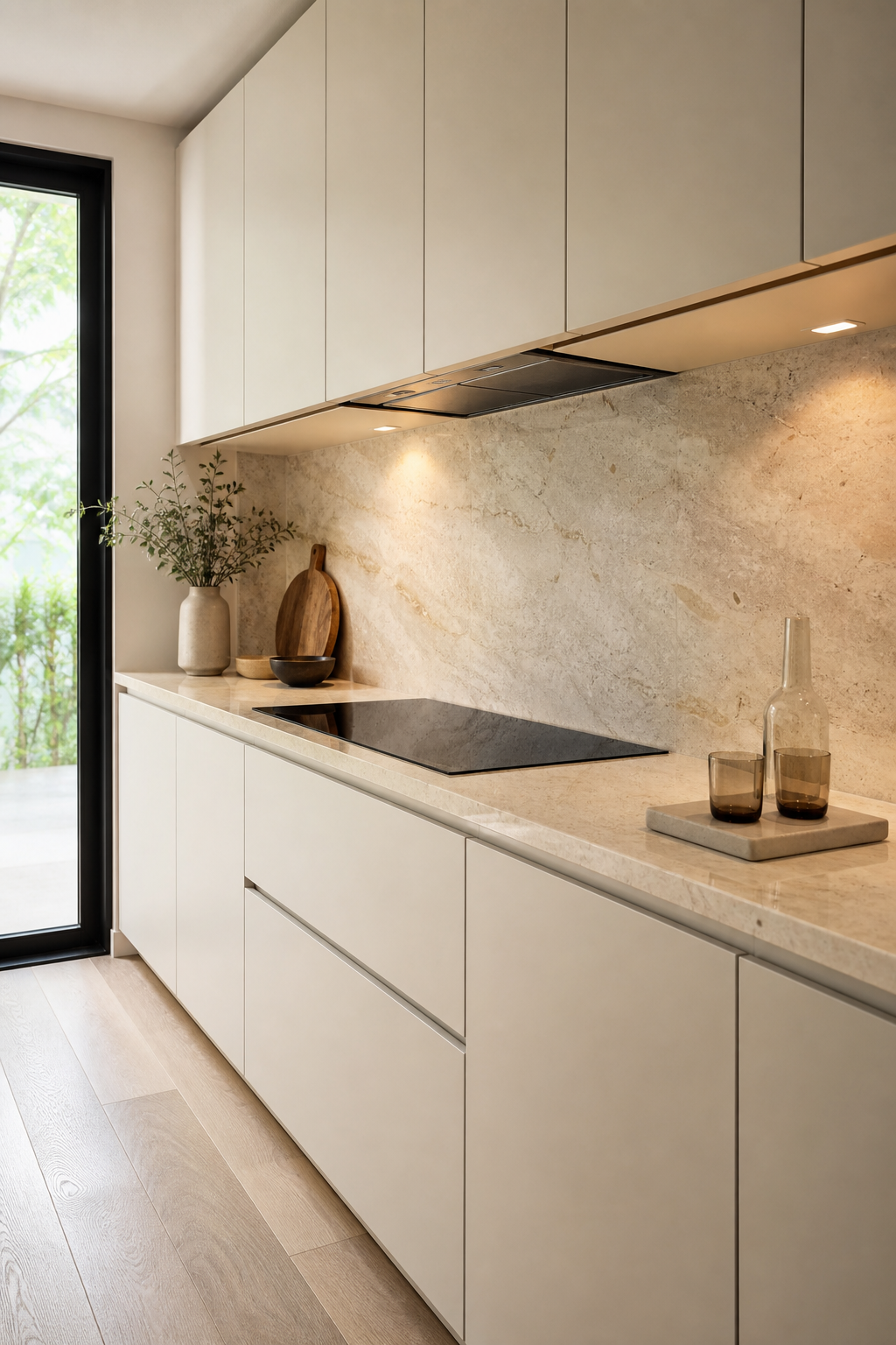 Compact kitchen with cream quartzite countertop and full-height matching backsplash