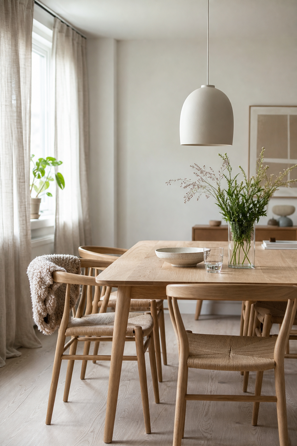 Scandinavian dining room with pale oak table and chairs