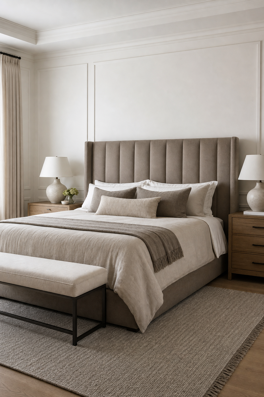 Calm luxury bedroom with taupe headboard, linen bedding, ceramic lamps, wool rug, and tailored neutral decor