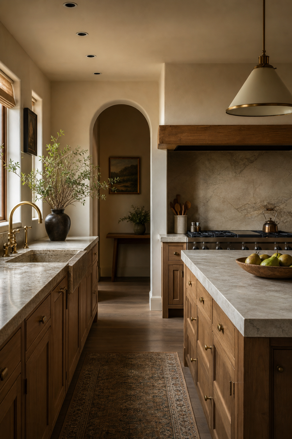 cream walls instead of stark white in a warm functional kitchen