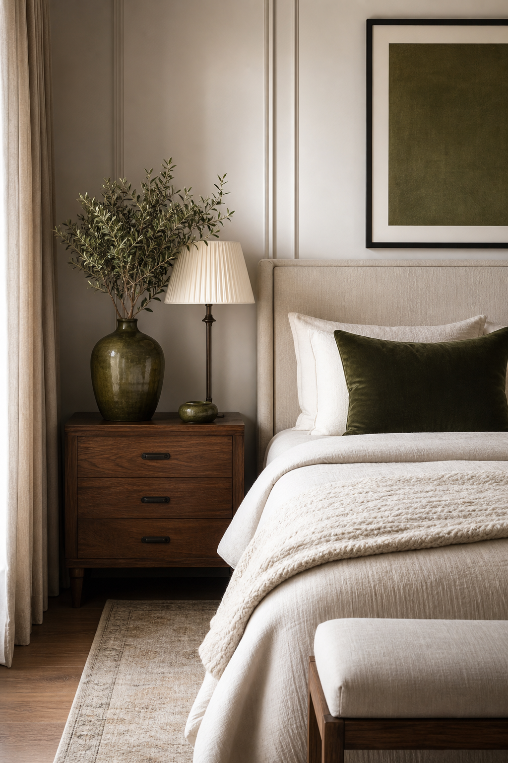 Stylish bedroom using repeated olive accents in pillows, art, and storage
