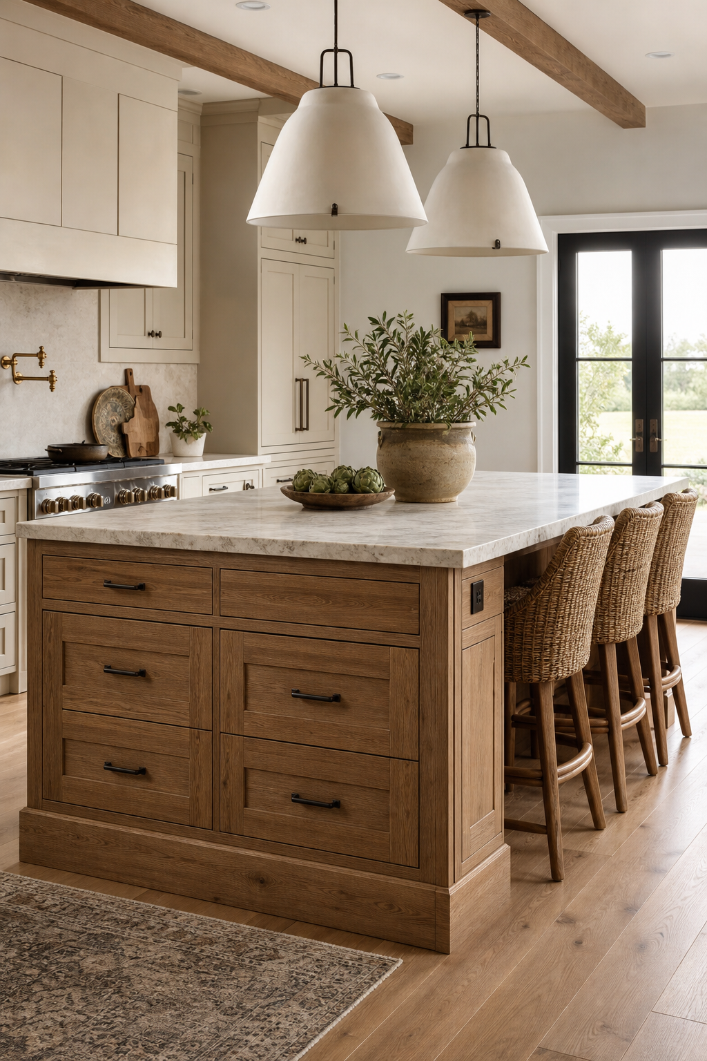 Warm wood island anchoring a modern farmhouse kitchen