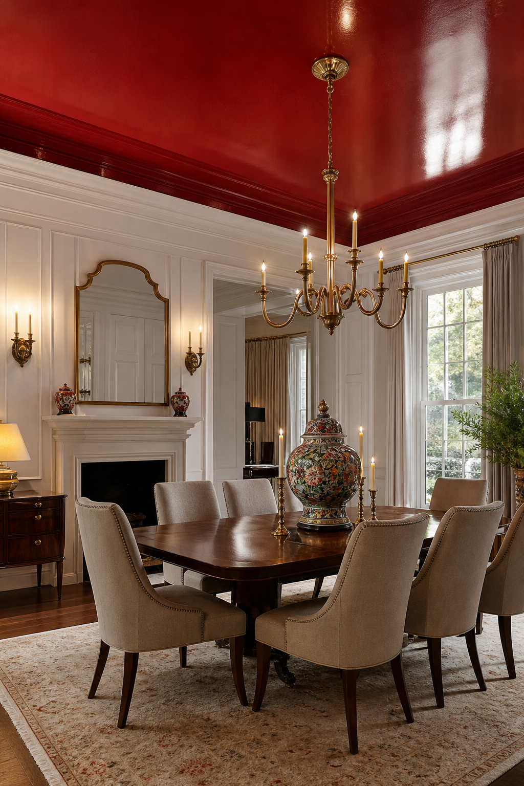 Elegant dining room with glossy red ceiling, walnut table, brass chandelier, and white paneled walls