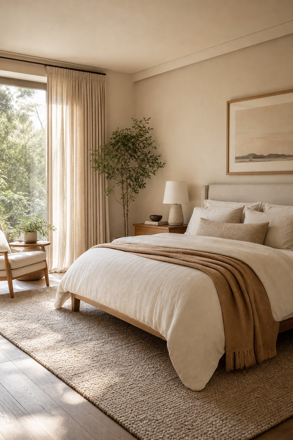 Warm neutral modern bedroom with ivory bedding, oak furniture, and soft curtains