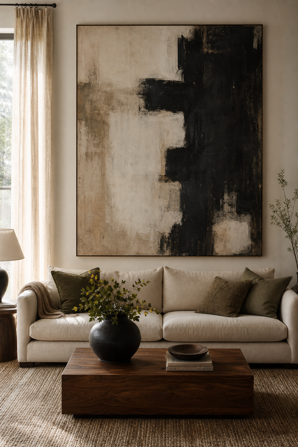 Oversized abstract artwork above a cream sofa in a refreshed living room