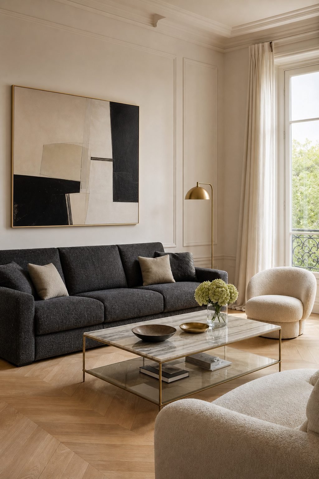 Deep charcoal 3 seater sofa grounding an elegant living room with cream chairs and brass lighting