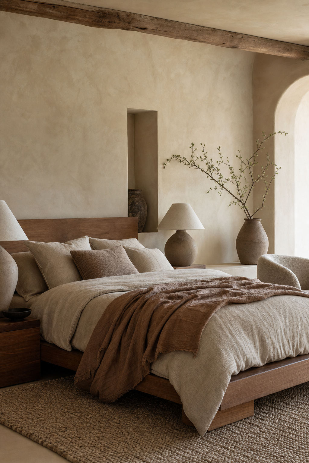 Organic modern bedroom with limewashed walls, oak bed, and earthy linen layers