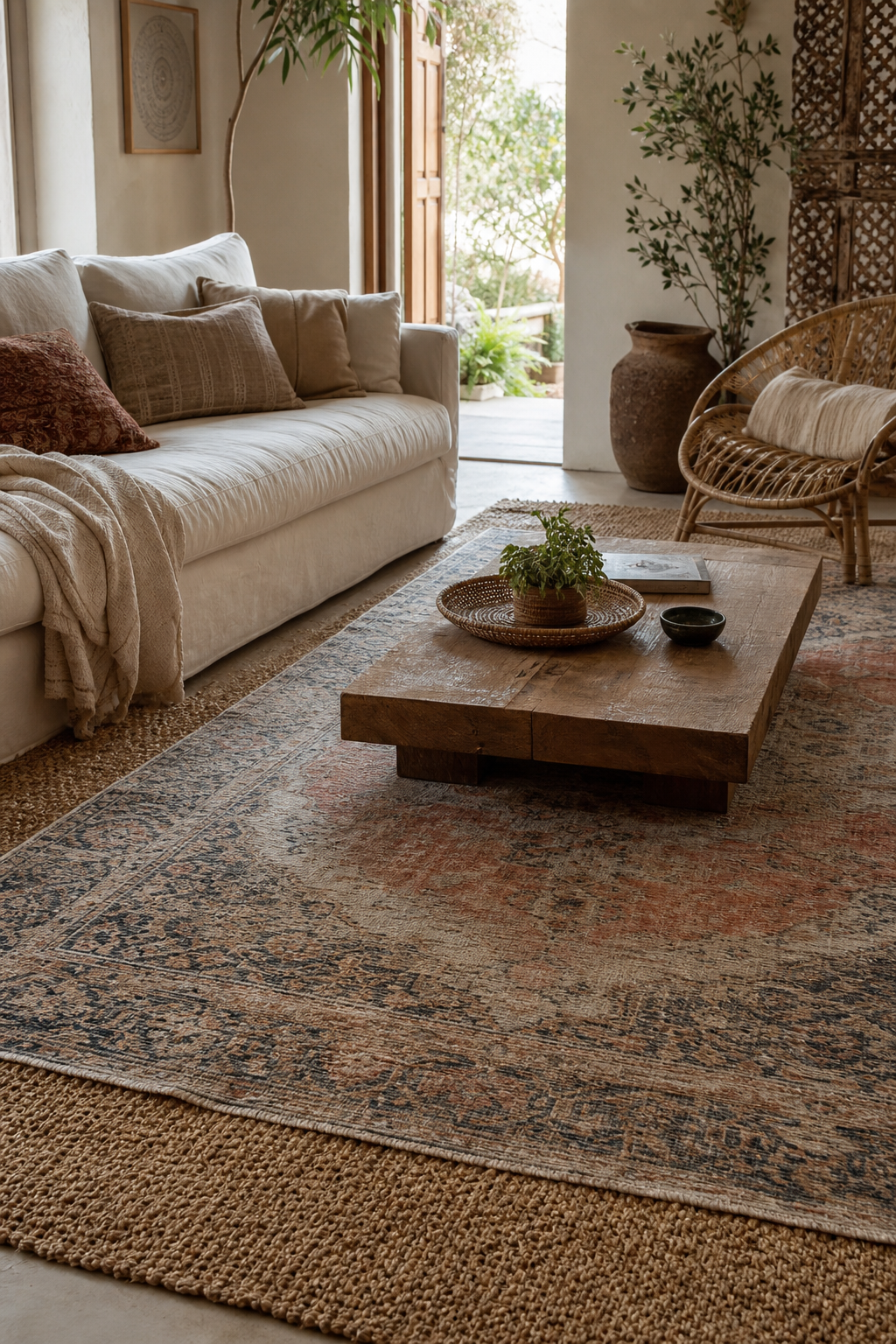 Layered jute and vintage rugs in a cozy boho living room