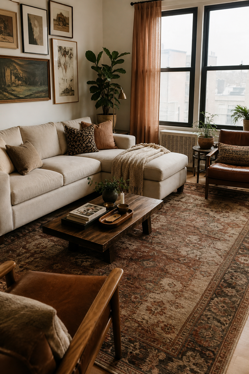 Large rug grounding a cozy rental apartment living room