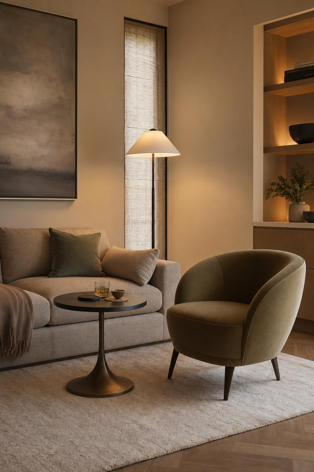 Small living room with one floating accent chair and compact sofa