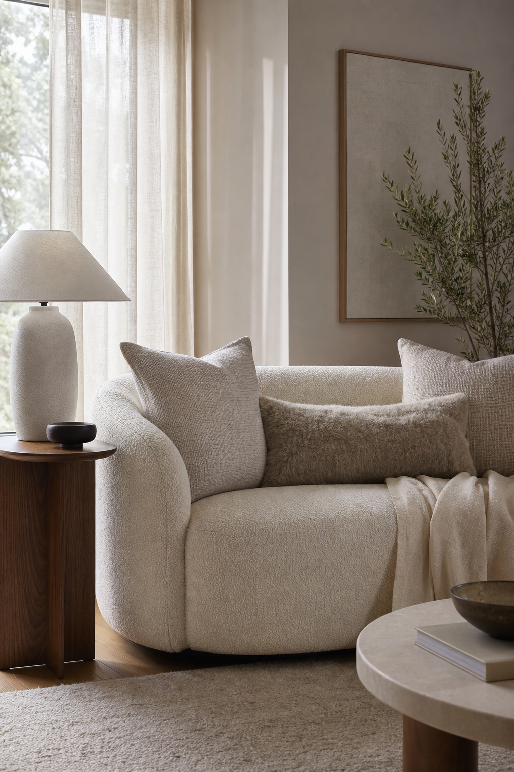 Compact cream boucle sofa styled with textured pillows in a cozy small apartment living room