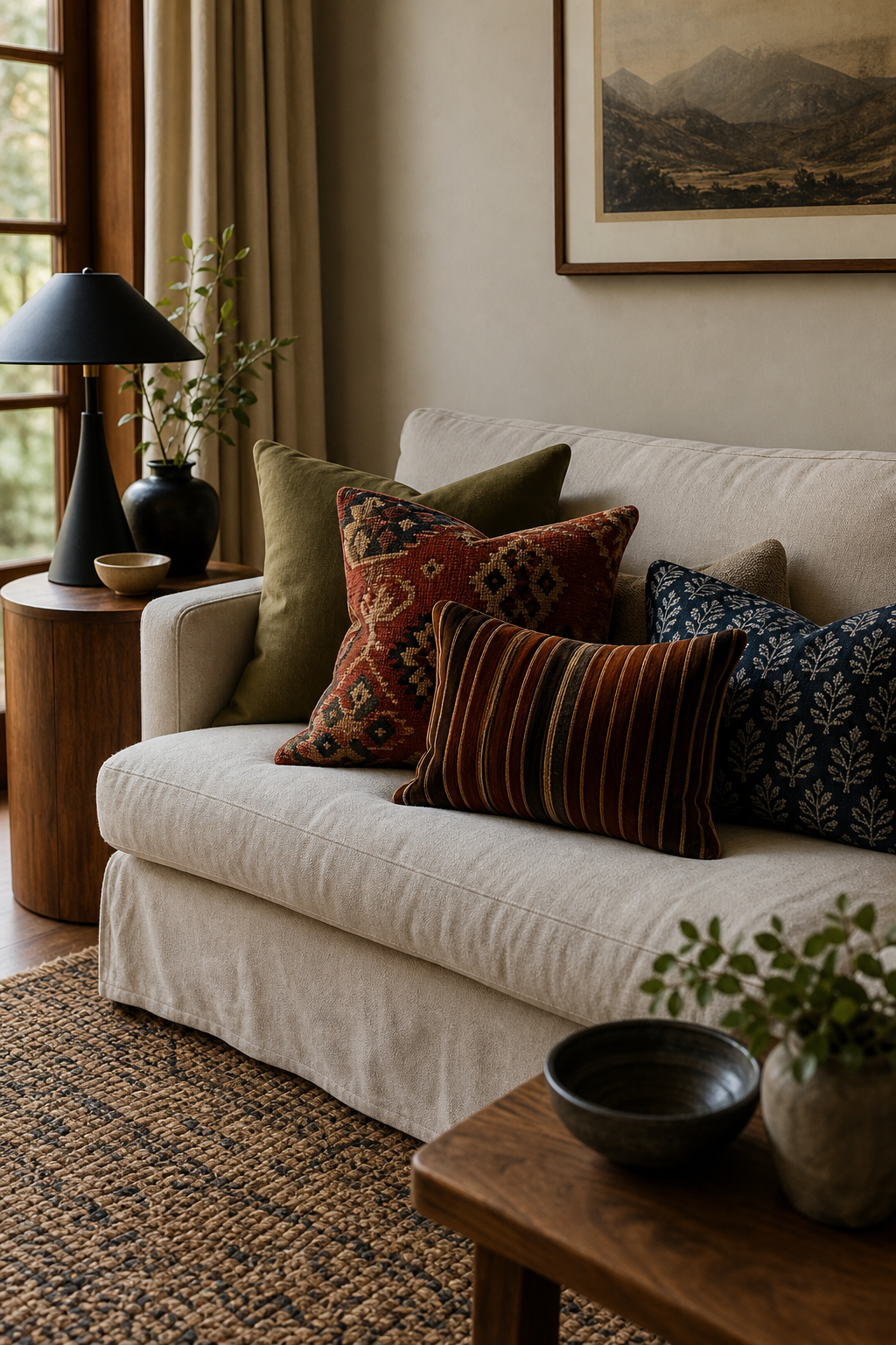 Mixed patterned pillows on a cream sofa
