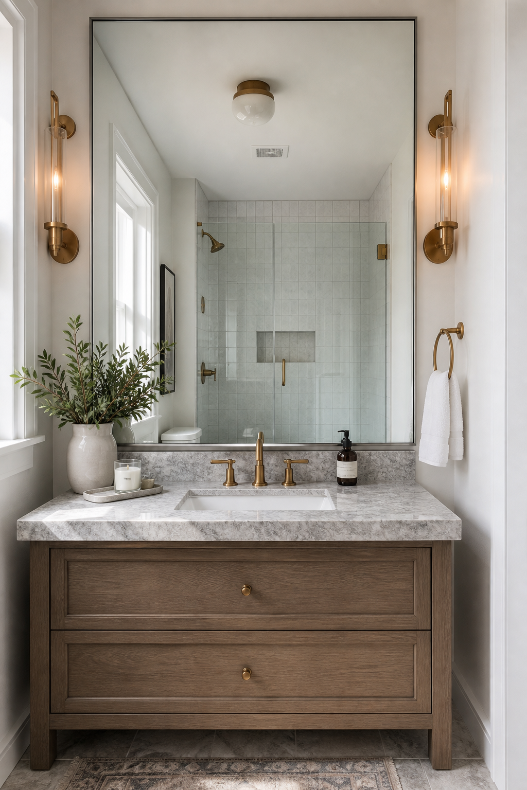 Small full bathroom idea with use one large mirror instead of several small ones