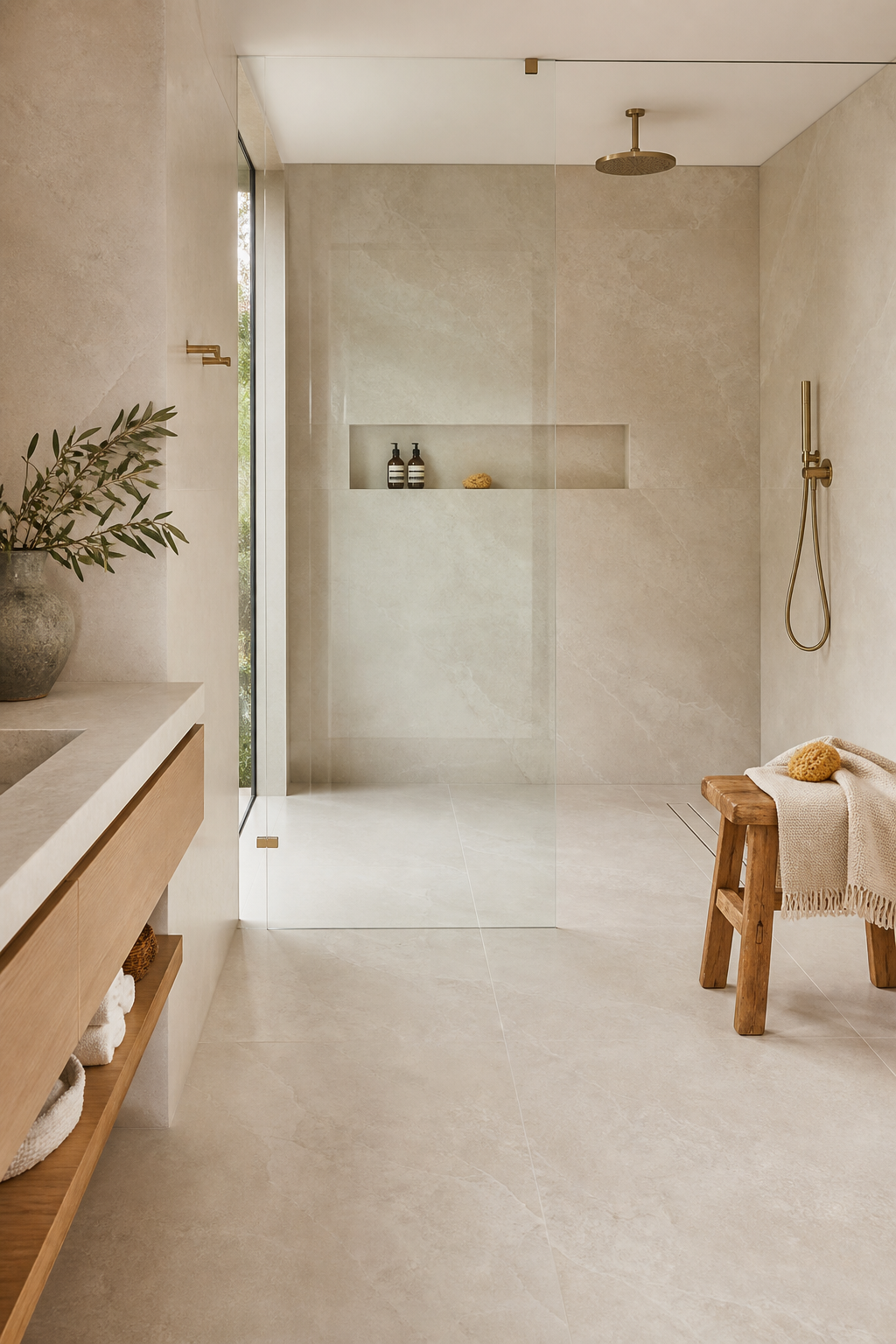 Modern bathroom with large-format creamy stone-look tile and glass shower