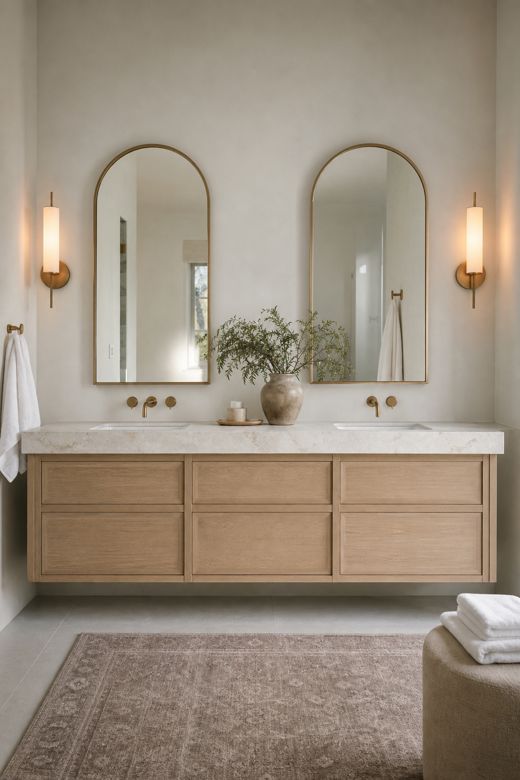 Pale oak floating vanity with marble counter and arched mirrors