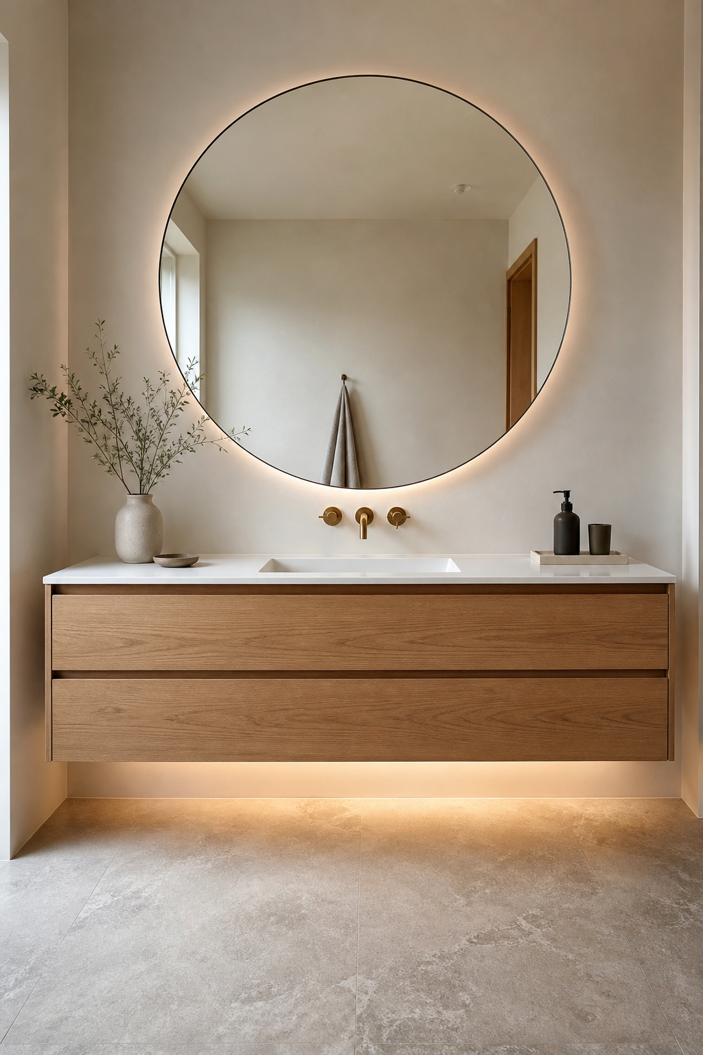 Floating oak bathroom vanity with drawers, quartz counter, and stone floor underneath