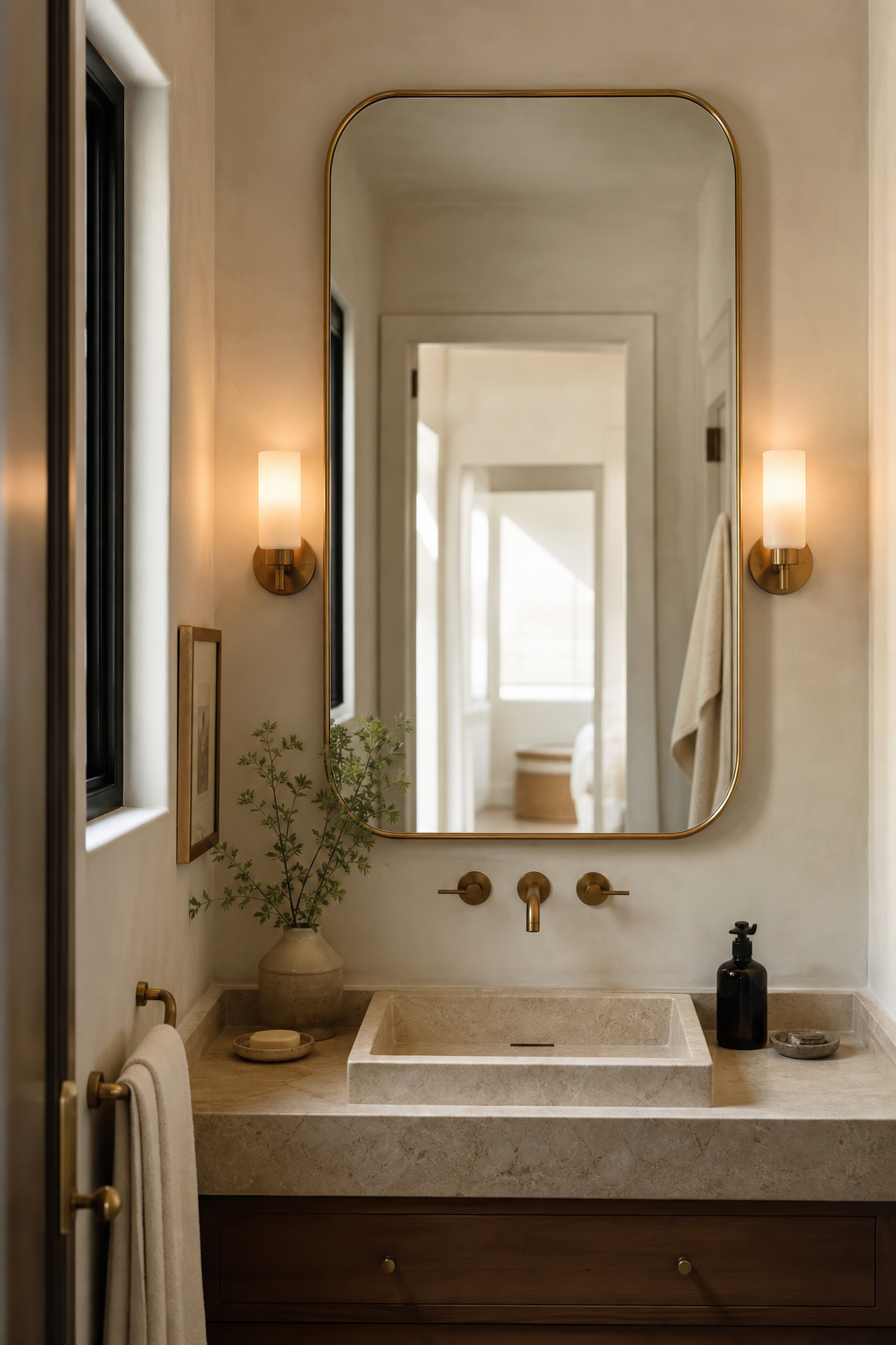 Small bathroom with one large rounded mirror over the vanity