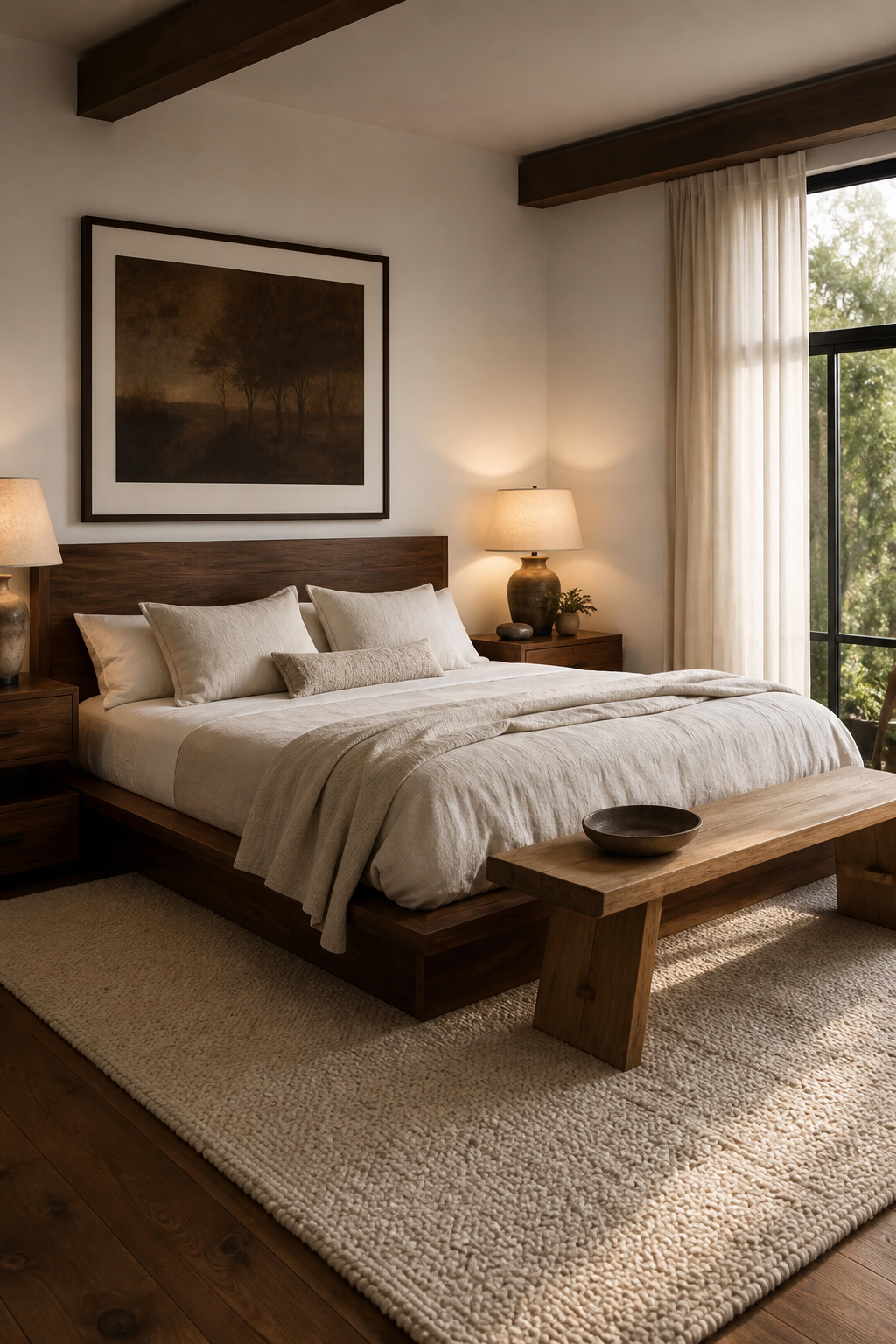 Cozy bedroom grounded by warm walnut and oak wood furniture