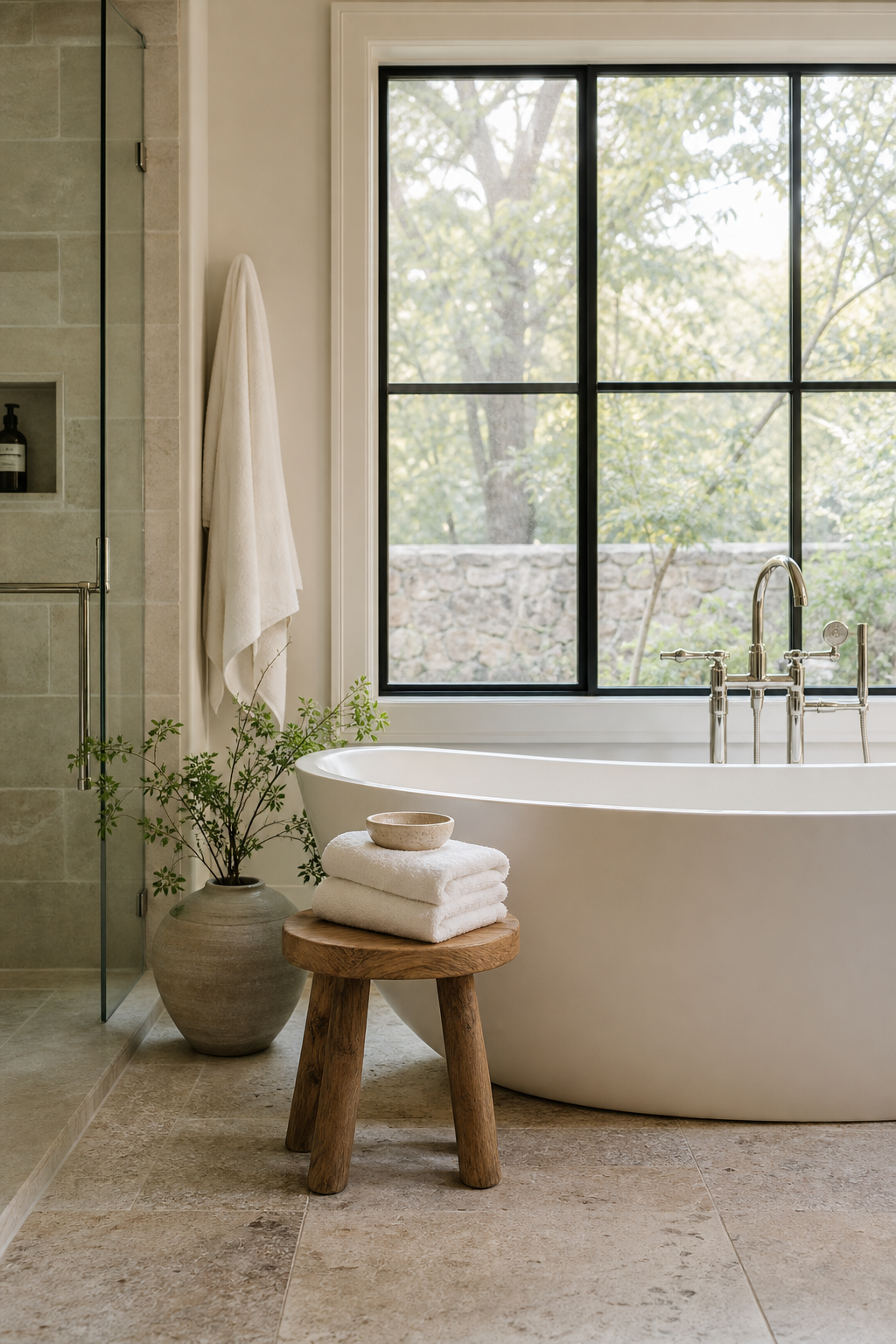 Freestanding soaking tub in a spa-like master bath