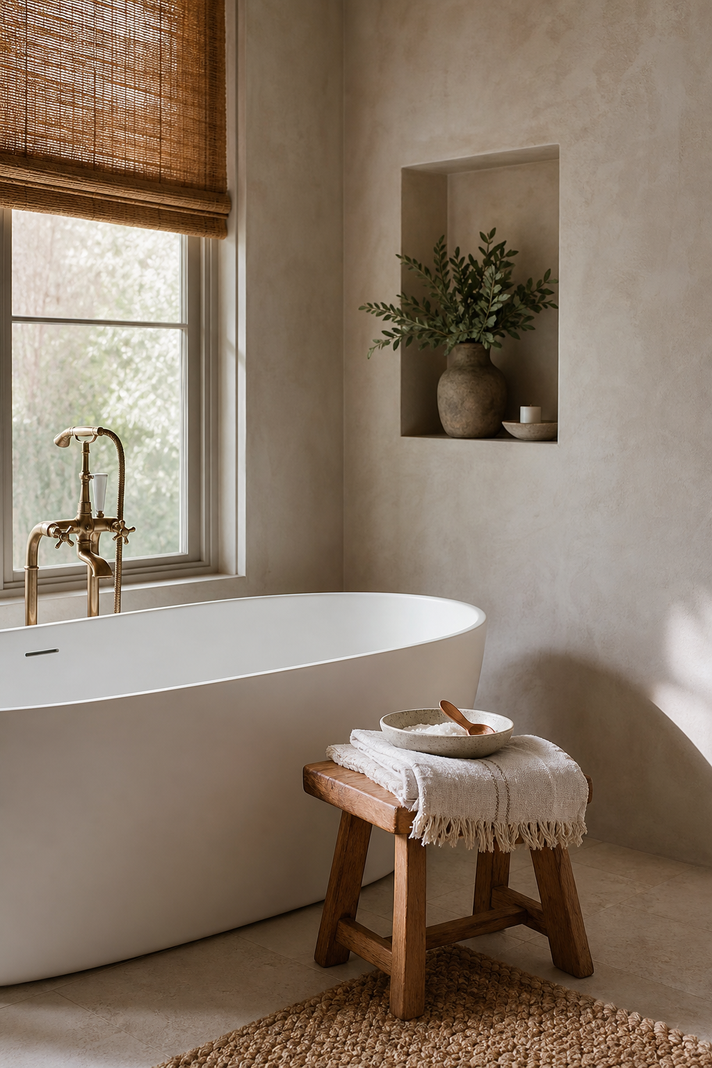 add a teak bath stool beside the tub in a cozy spa-like bathroom