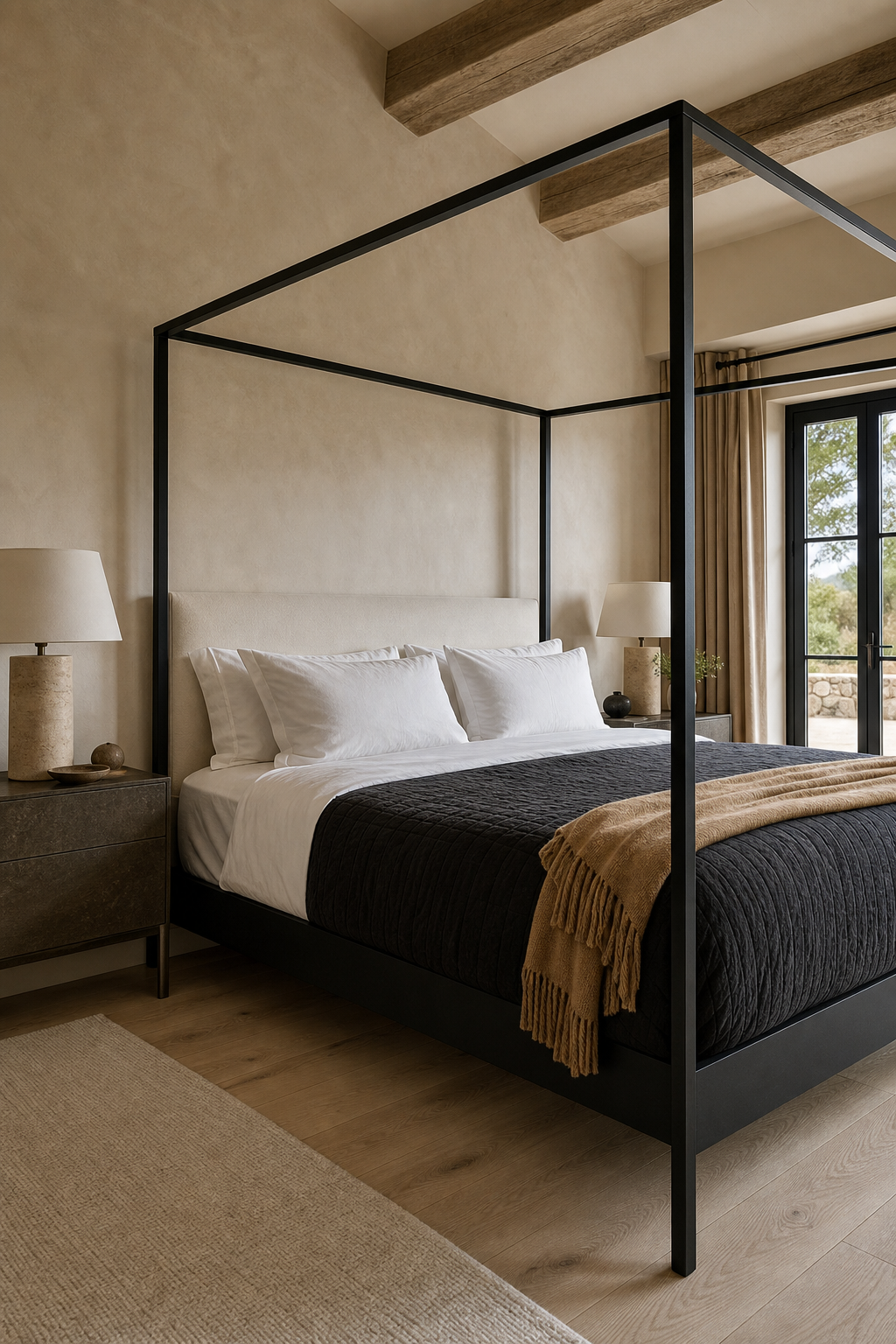 Modern black metal canopy bed with layered neutral bedding