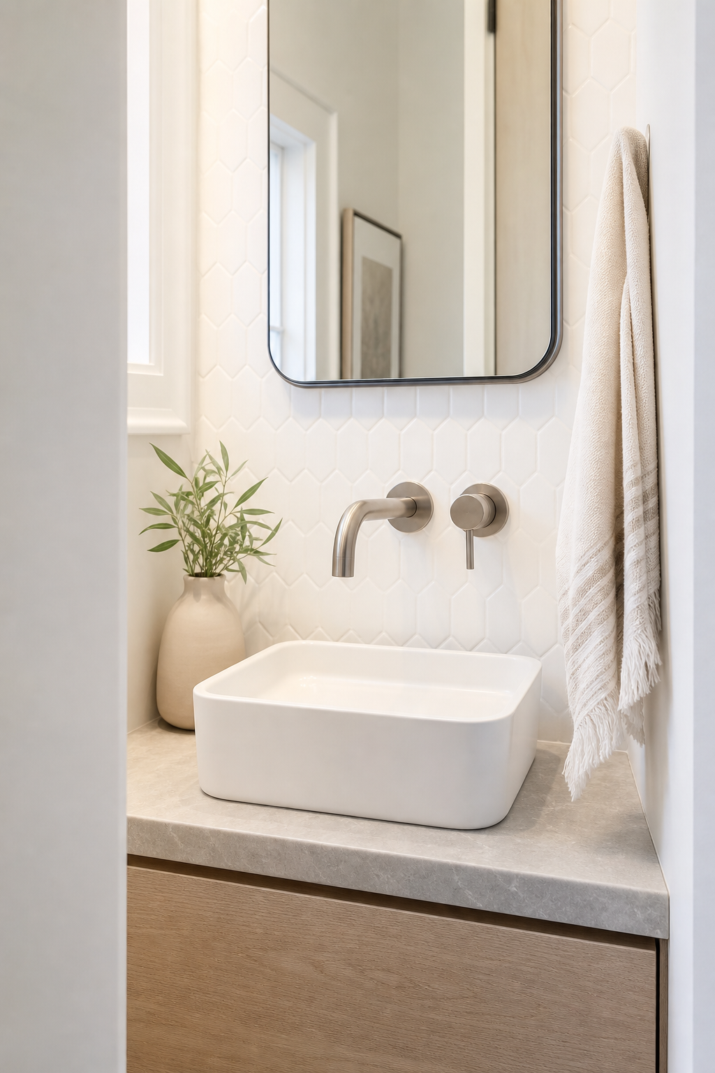 Wall-mounted faucet saving space above a tiny bathroom vanity