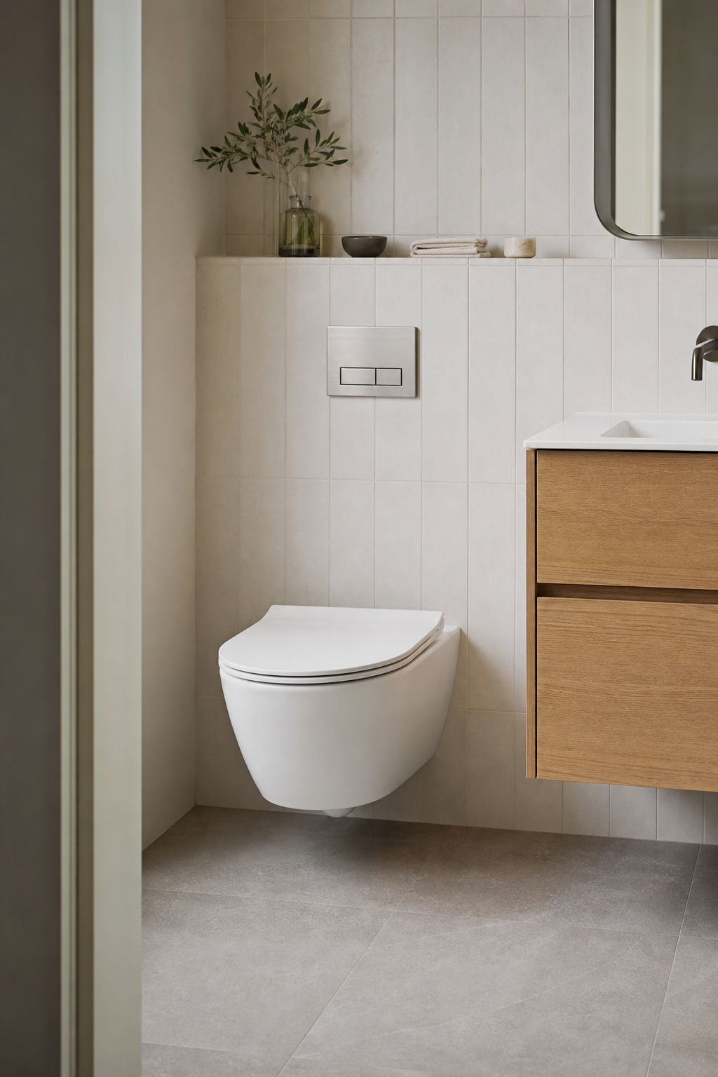 Small bathroom interior idea with use a wall-hung toilet to reveal more floor