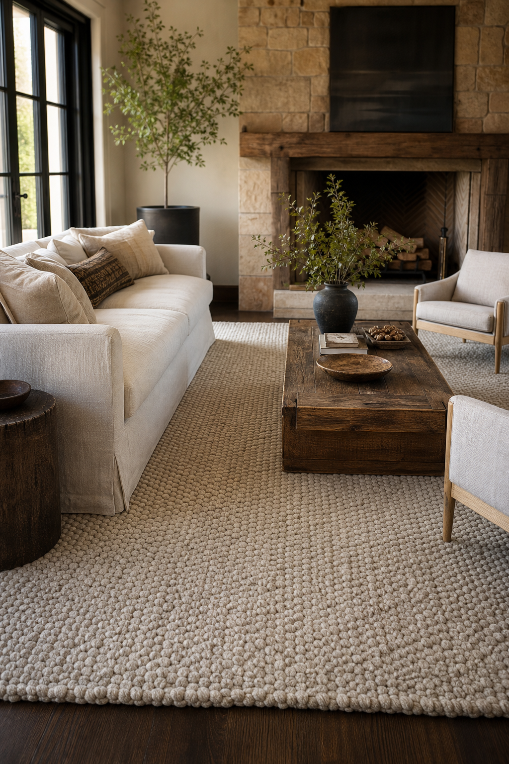 Cozy living room anchored by an oversized textured rug