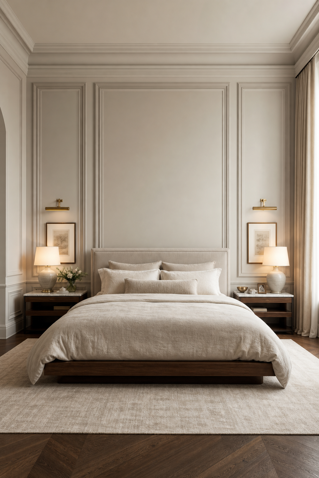 Luxury bedroom with painted wall paneling behind an upholstered bed