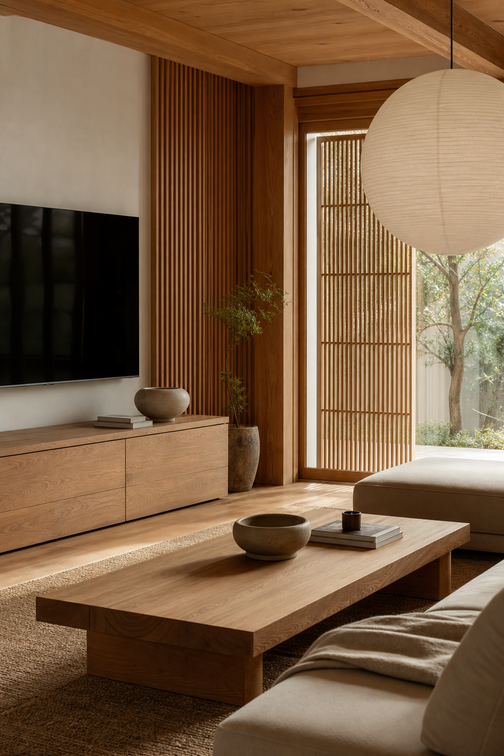 Japandi living room with warm oak furniture and simple neutral styling