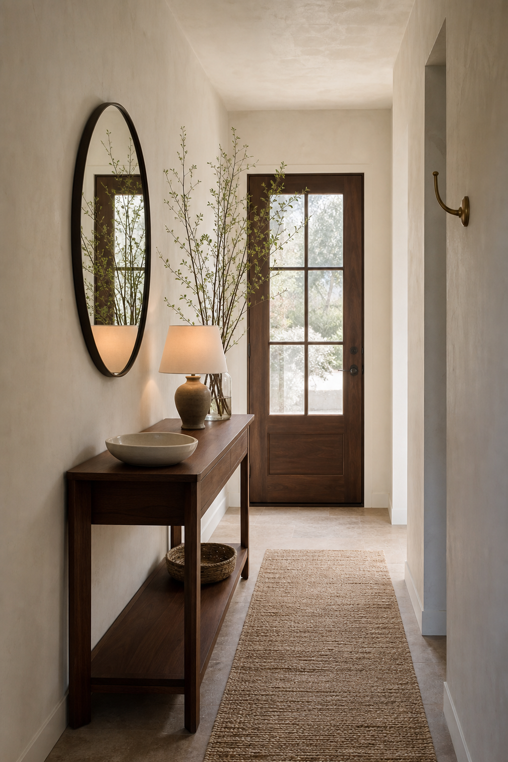 Elegant foyer with slim console, large mirror, lamp, and textured runner