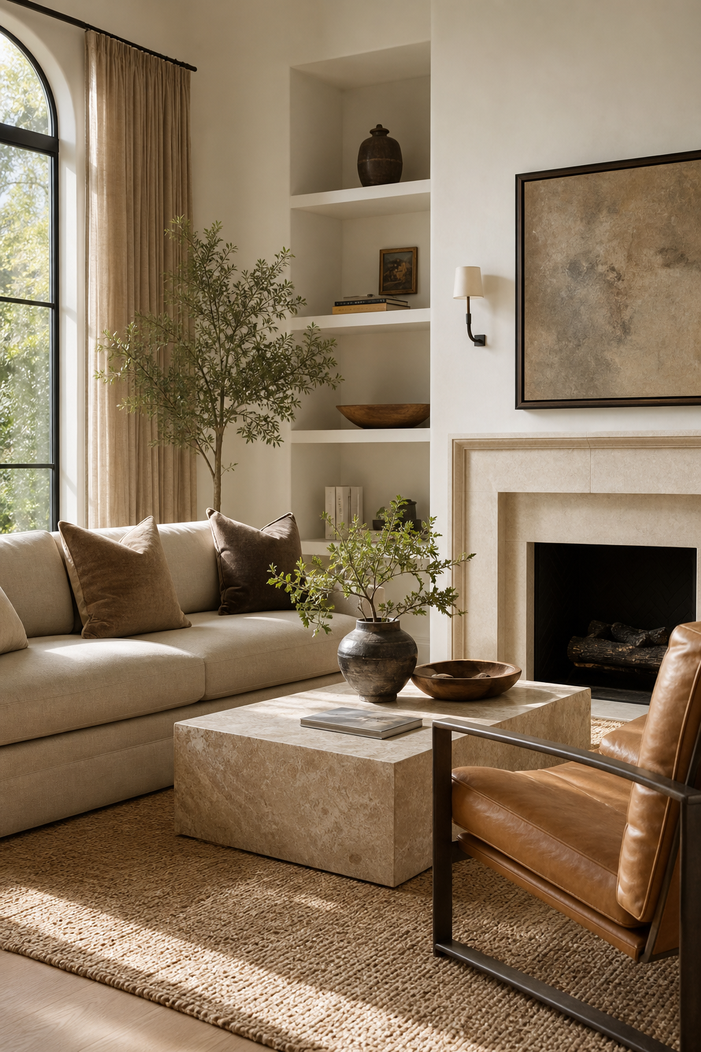 Warm neutral contemporary living room with layered beige, taupe, leather, and stone textures